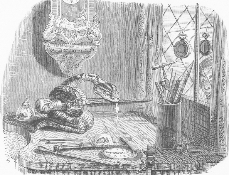 Ein niederes Geschöpf beißt sich am Uhrmacher-Werkzeug die Zähne aus: „Die Schlange und die Feile“, Illustration von Grandville