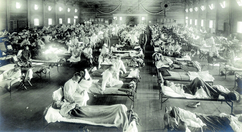 Bis zu 50 Millionen Tote weltweit: An der Spanischen Grippe Erkrankte im Not-Krankenhaus auf einer US-Militärbasis im Bundesstaat Kansas 1918