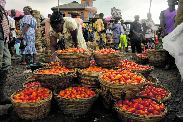 Markt in Lagos/Nigeria: Die galoppierende Inflationsrate verteuert auch die Lebensmittel, sodass immer mehr Menschen unterhalb der Armutsgrenze leben müssen