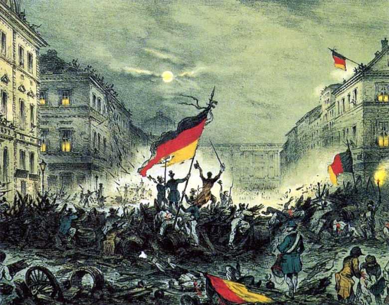 Aufstand in Preußen: Jubelnde Barrikadenkämpfer am 18. März 1848 in der Breiten Straße in Berlin