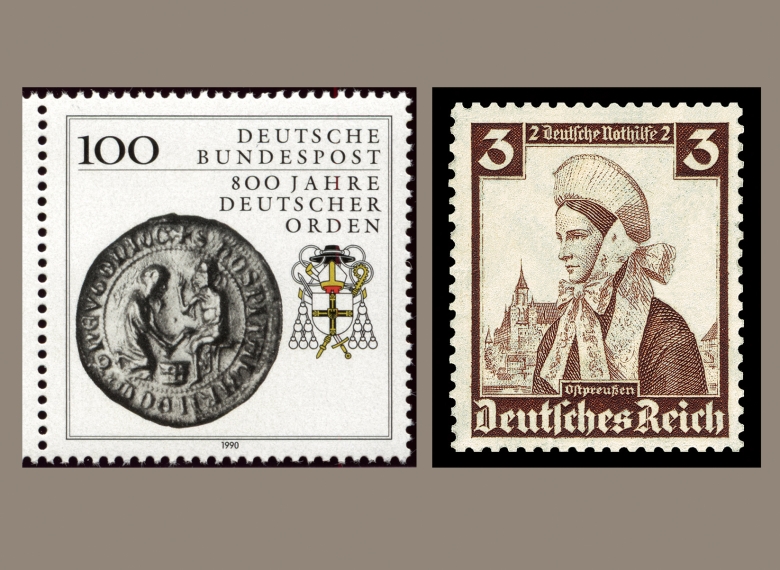 Zwei Ereignisse, zwei unterschiedliche Zeiten: Die Briefmarke von 1990 ist dem Deutschen Orden gewidmet (l.), die Briefmarke rechts zeigt eine Frau in ostpreußischer Tracht und wurde 1935/36 herausgegeben