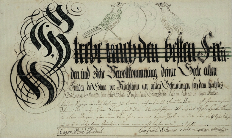Caspar David Friedrich: Schriftblatt „Strebe nach den besten Freuden (...)“, 1789,  Feder auf Bütten