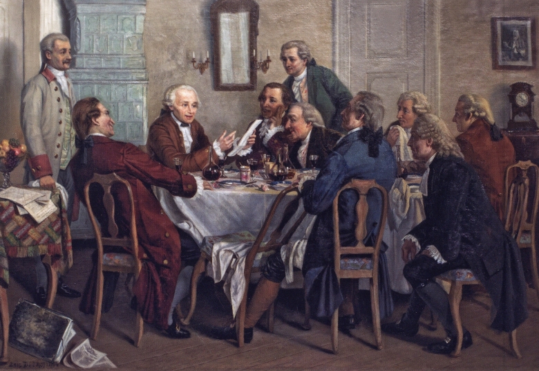 Ikone der (ost-)preußischen Geistesgeschichte: Kant und seine Tischgesellschaft, gemalt von Emil Doerstling. Das Original wurde als Wandfresko geschaffen, das 1944 bei den Bombenangriffen auf Königsberg zerstört wurde, und ist nur noch als Stich überliefe