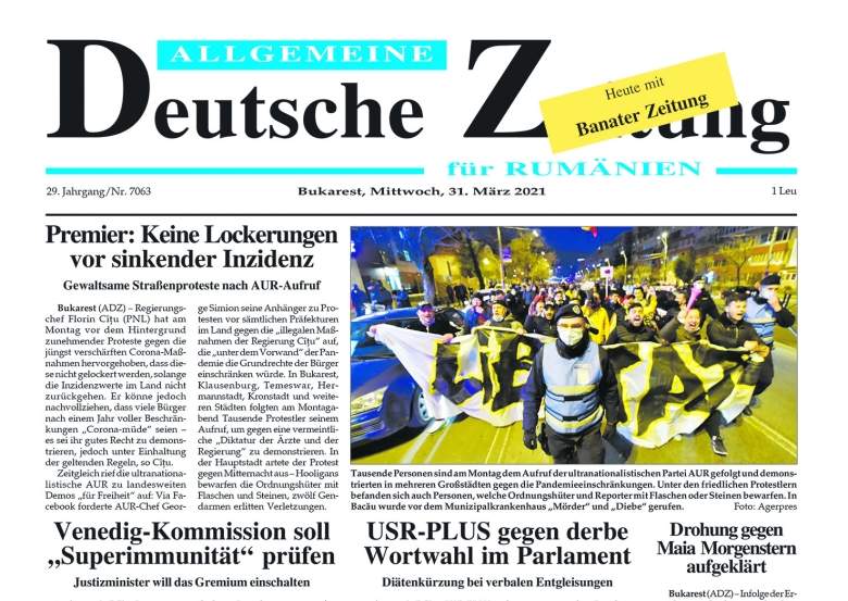 Früher nur als Druckausgabe, heute auch online erhältlich: Titelblatt der „Allgemeinen Deutschen Zeitung für Rumänien“