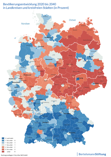 Prognose der Bertelsmann-Stiftung: Blau steht für Wachstum, Rot für Schrumpfung