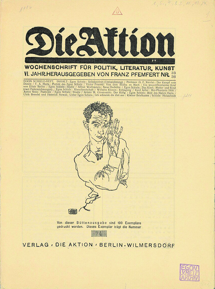 Wochenschrift „Die Aktion“: Titelbild mit einem Selbstportrait Egon Schieles