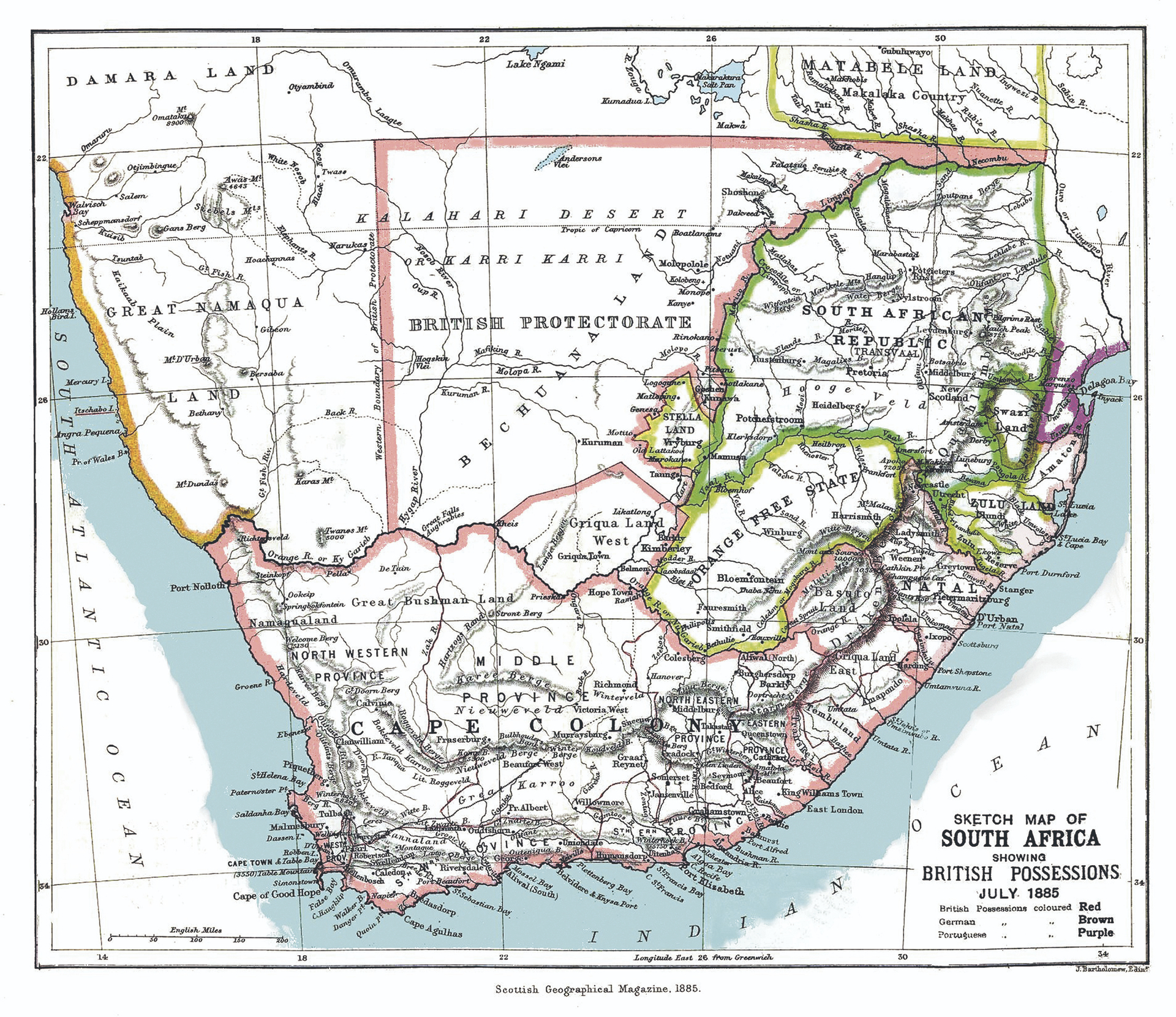 Vor dem zweiten Burenkrieg, im Juli 1885: Afrikas Süden mit der Kapkolonie (Cape Colony, braun umrandet), Natal (ebenfalls braun umrandet), der Südafrikanischen Republik (South African Republic, grün umrandet) und dem Oranje-Freistaat (Orange Free State, 