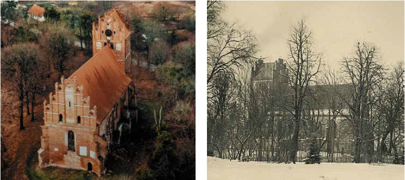 Kirche Friedland heute und damals: Dank der „Ruinenwächter“ konnte der weitere Verfall der Ruine gestoppt werden (l.), rechts im Bild das Gotteshaus im Winter vor dem Krieg