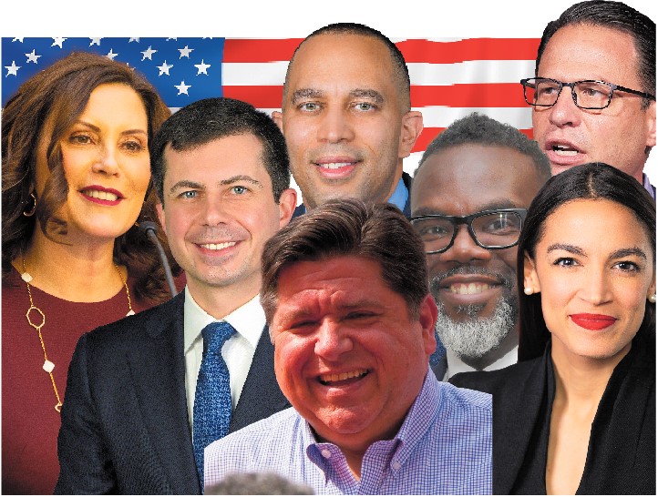 Jüngeres Personal: Whitmer, Buttigieg, Jeffries, Pritzker, Johnson, Shapiro, Ocasio-Cortez (v.l.n.r.)