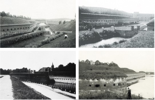 Befestigungsanlagen am Rossgärter Tor (o.l.); Bastion Grolmann im Nordostabschnitt der Befestigungsanlagen in der Littauer Wallstraße (o.r.); Anlage Sackheimer Tor (u.l.); Schutzwall im Osten der Stadt (u.r.)