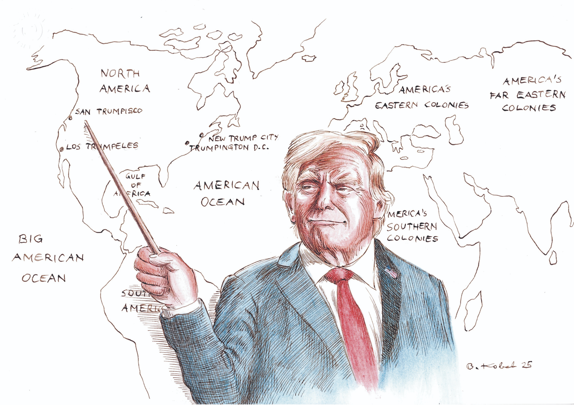 Donald Trump vor seiner neuen Weltkarte, wie er sie wohl am liebsten hätte: Cartoonist Benedikt Kobel zeigt auf ironisch-sarkastische Weise die plötzlich deutlich verbalisierte Lust am Imperialismus des 47. Präsident der Vereinigten Staaten 