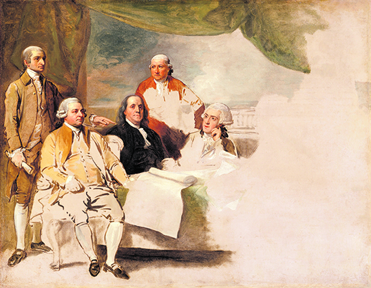 Gemälde von Benjamin West (1783): Die US-Verhandler John Jay, John Adams, Benjamin Franklin, Henry Laurens und William Temple Franklin (v.l.). Der britische Abgeordnete weigerte sich, Modell zu sitzen, sodass das Bild rechts nie vollendet wurde