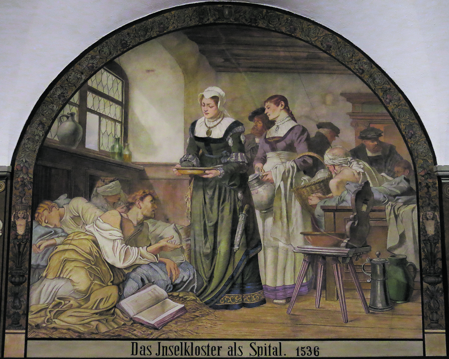 Häberlins Wandbild „Das Inselkloster als Spital“ mit Wohltäterin Margarete Blarer (M.)