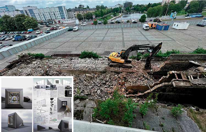 Nur noch Fundamente, wo bis vor Kurzem das Haus der Räte stand: Baustelle in Königsberg. Einer der in einer Ausstellung vorgestellten Vorschläge für die künftige Verwendung (kleines Bild)