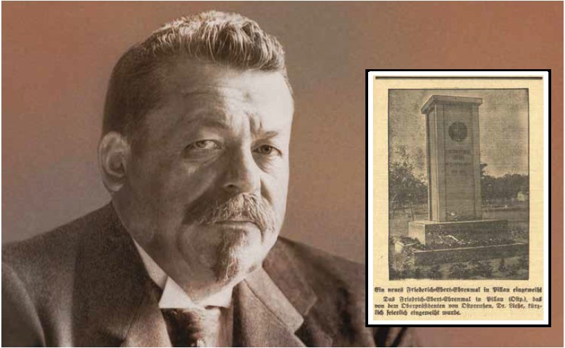 Reichspräsident Friedrich Ebert und sein Denkmal, abgedruckt im Mittelbadischen Courier vom 15. September 1930 – eine der wenigen letzten existierenden Ablichtungen des einstigen Denkmals in Pillau