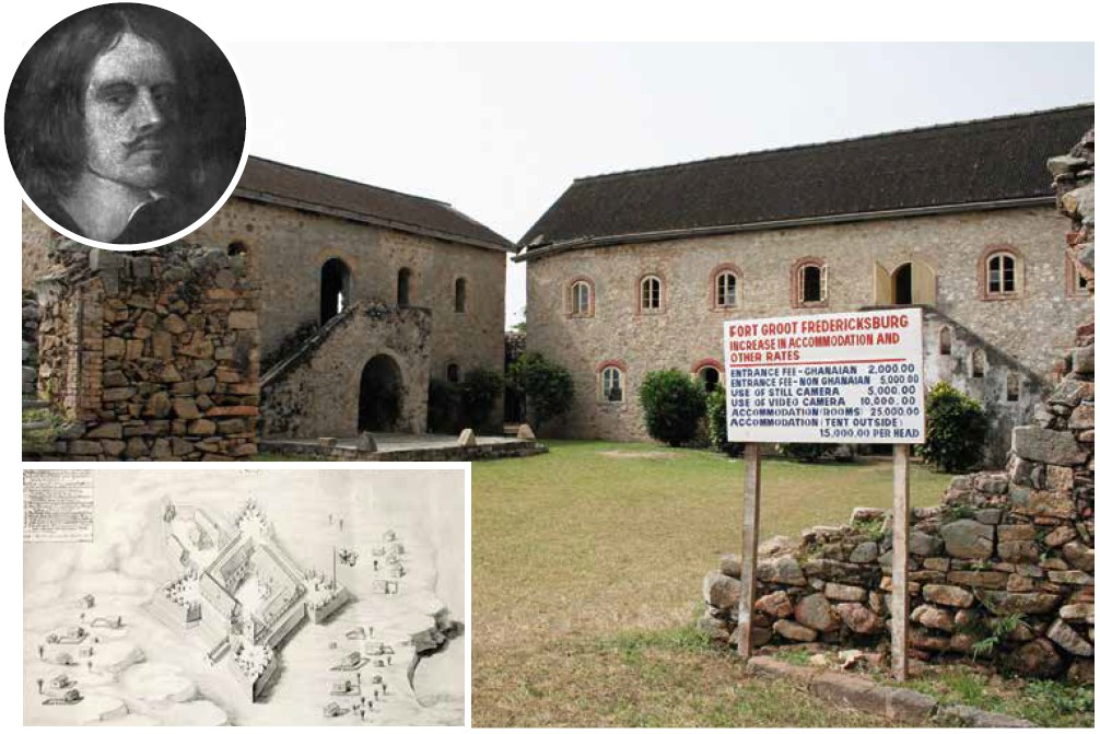 Zeitgenössische Darstellung des Forts Groß Friedrichsburg zur Zeit seines vollendeten Ausbaus nach 1686 (u.l.), der Eingangsbereich des nach Otters (o.l.) Grundriss erbauten Forts im heutigen Ghana