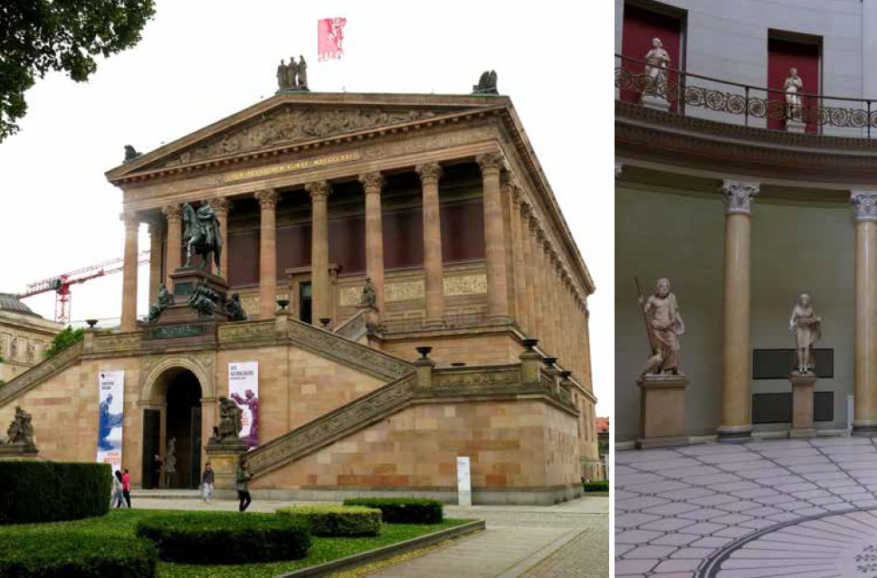 Die sanierte Alte Nationalsgalerie auf der Berliner Museumsinsel (r.) und die imposante Halle des Alten Museums (l.)
