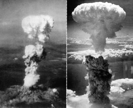 Vor 80 Jahren: Die beiden Atompilze von „Little Boy“ über Hiroshima am 6. August 1945 und von „Fat Man“ über Nagasaki drei  Tage später (v.l.) 