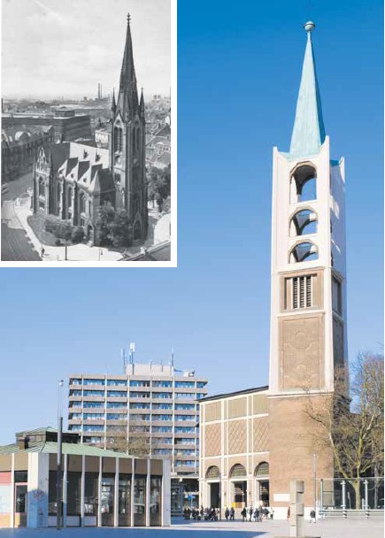 Altstadtkirche: An der Stelle des 1882 bis 1884 errichteten und im Zweiten Weltkrieg zerstörten neugotischen Baus (kleines Foto) steht heute ein Neubau