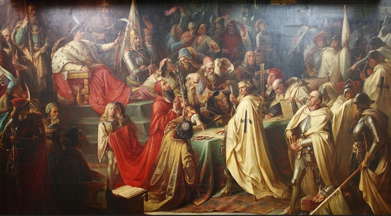 Das Gemälde „Der Zweite Frieden von Thorn“ des polnischen Malers Marian Jaroczynski stammt aus dem Jahr 1873. Es hängt im Regionalmuseum von Thorn und zeigt den Treueeid des Deutschen Ordens gegenüber Polens König Kasimir IV.