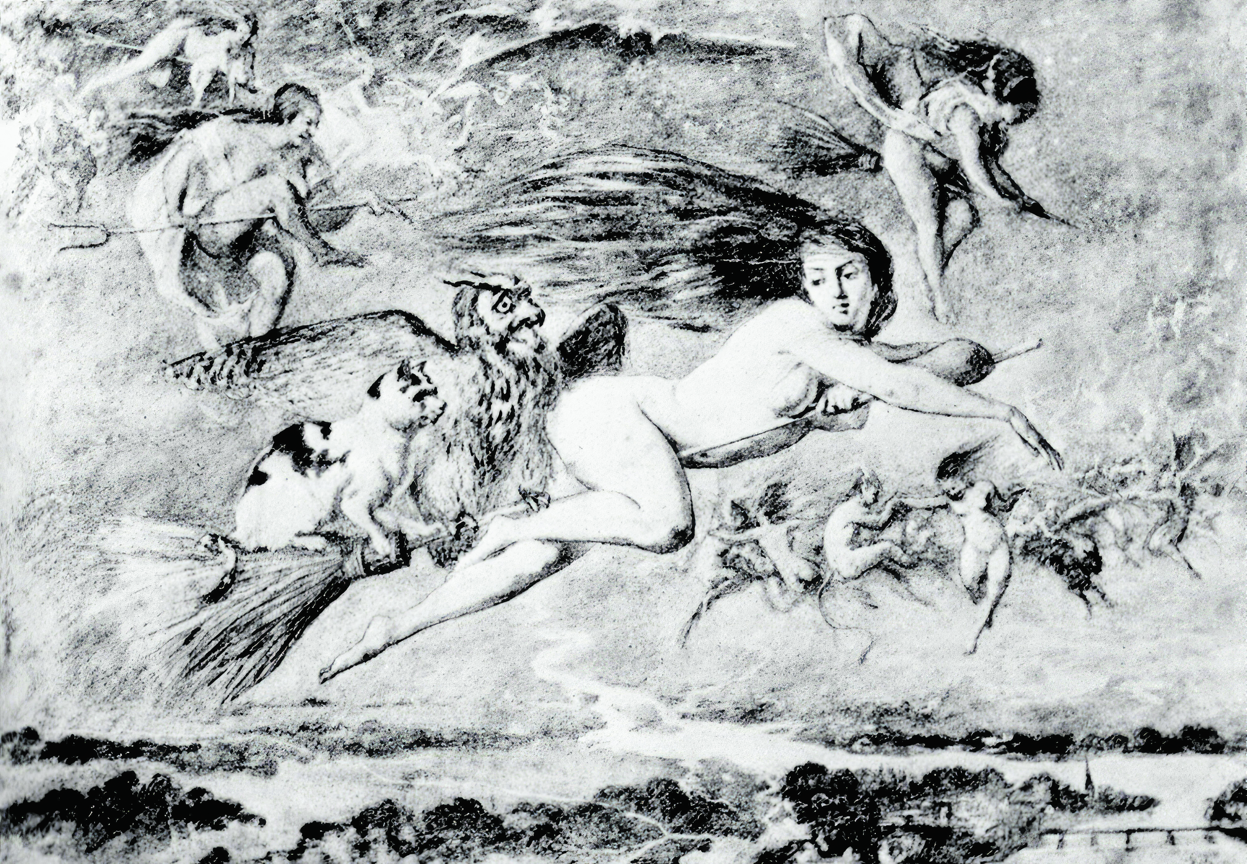 Wilde Hexen reiten auf ihren Besen zum Hexensabbat und überfliegen dabei ostpreußische Ebenen im Nebel. So jedenfalls sah es im Jahre 1810 ein unbekannter von Hexerei inspirierter Künstler