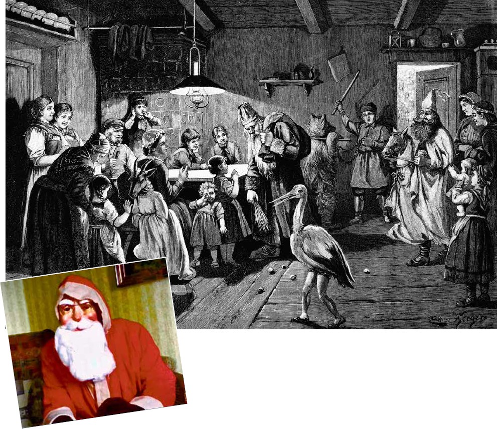 Weihnachten einst in Pommern: Knecht Ruprecht mit Bär, Storch, Schimmelreiter und Schnabbuck – und links: der „Weihnachtsmann aus dem Karton“