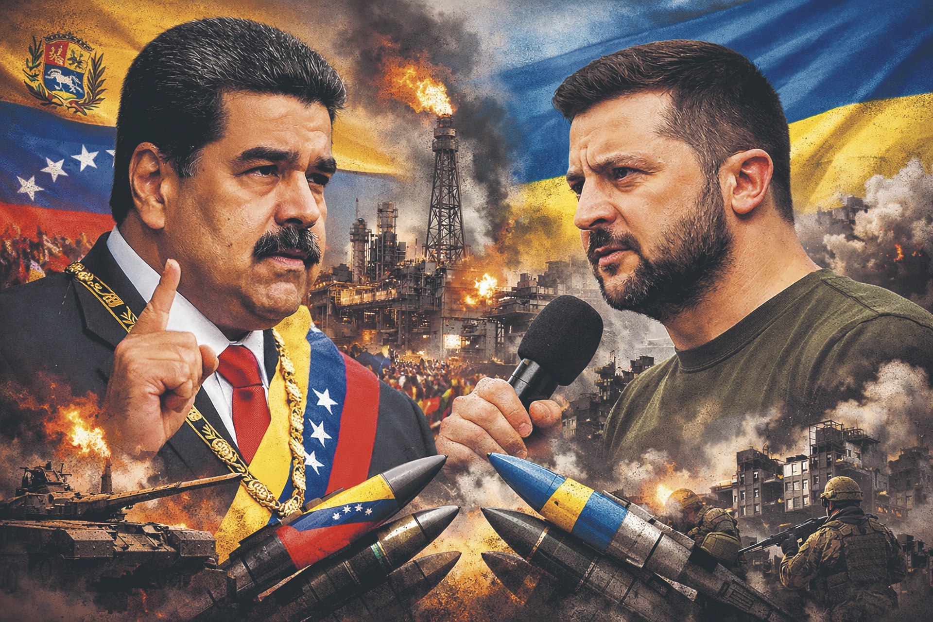 Maduro (l.) brachte es vom Busfahrer zum Präsidenten Venezuelas, Selenskyj (r.) war erst Komiker, bevor er Präsident wurde – beide sind nun Opfer ihrer jeweils großen Nachbarn USA und Russland geworden, die das Völkerrecht zur Seite geschoben haben
