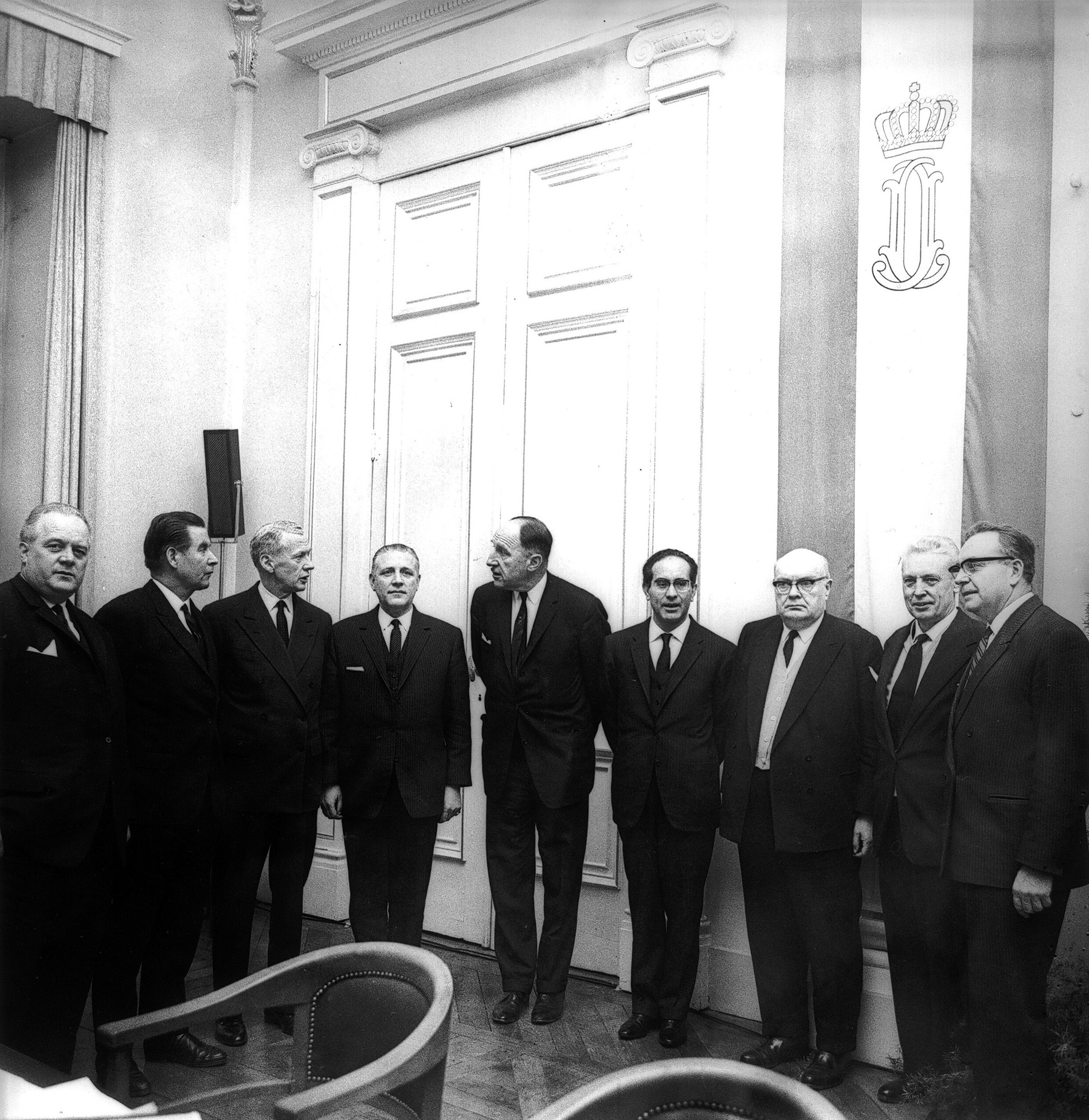 Vor 60 Jahren auf dem EWG-Ministertreffen in Luxemburg: Kurt Schmücker und Gerhard Schröder (beide Bundesrepublik), Maurice Couve de  Murville (Frankreich), Pierre Werner (Luxemburg), Joseph Luns (Niederlande), Emilio Colombo (Italien)  sowie Paul-Henri S