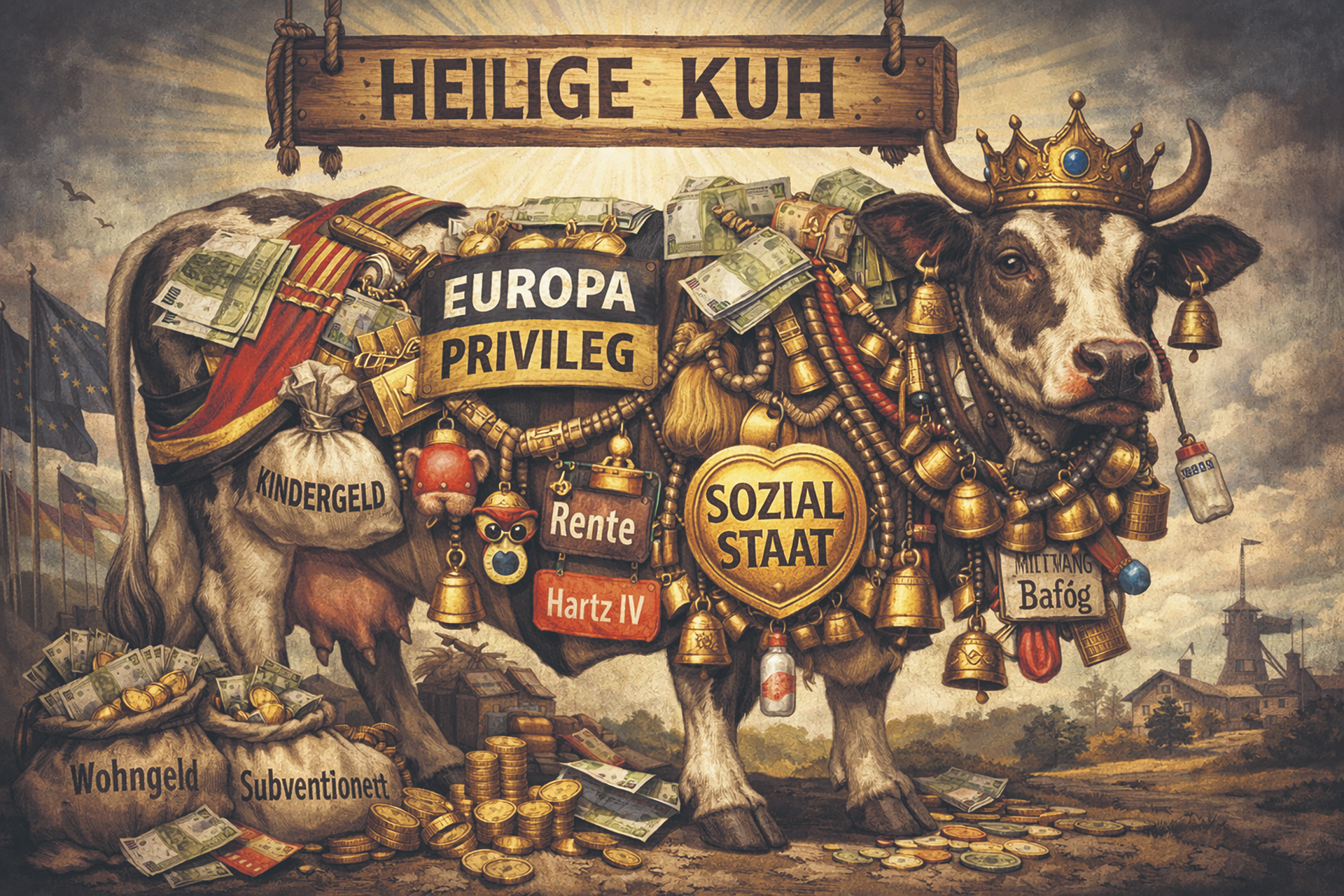 Die sprichwörtlich mit Sozialleistungen behängte heilige Kuh des deutschen Sozialstaats, die vor lauter Behang beinahe in die Knie zu gehen droht 