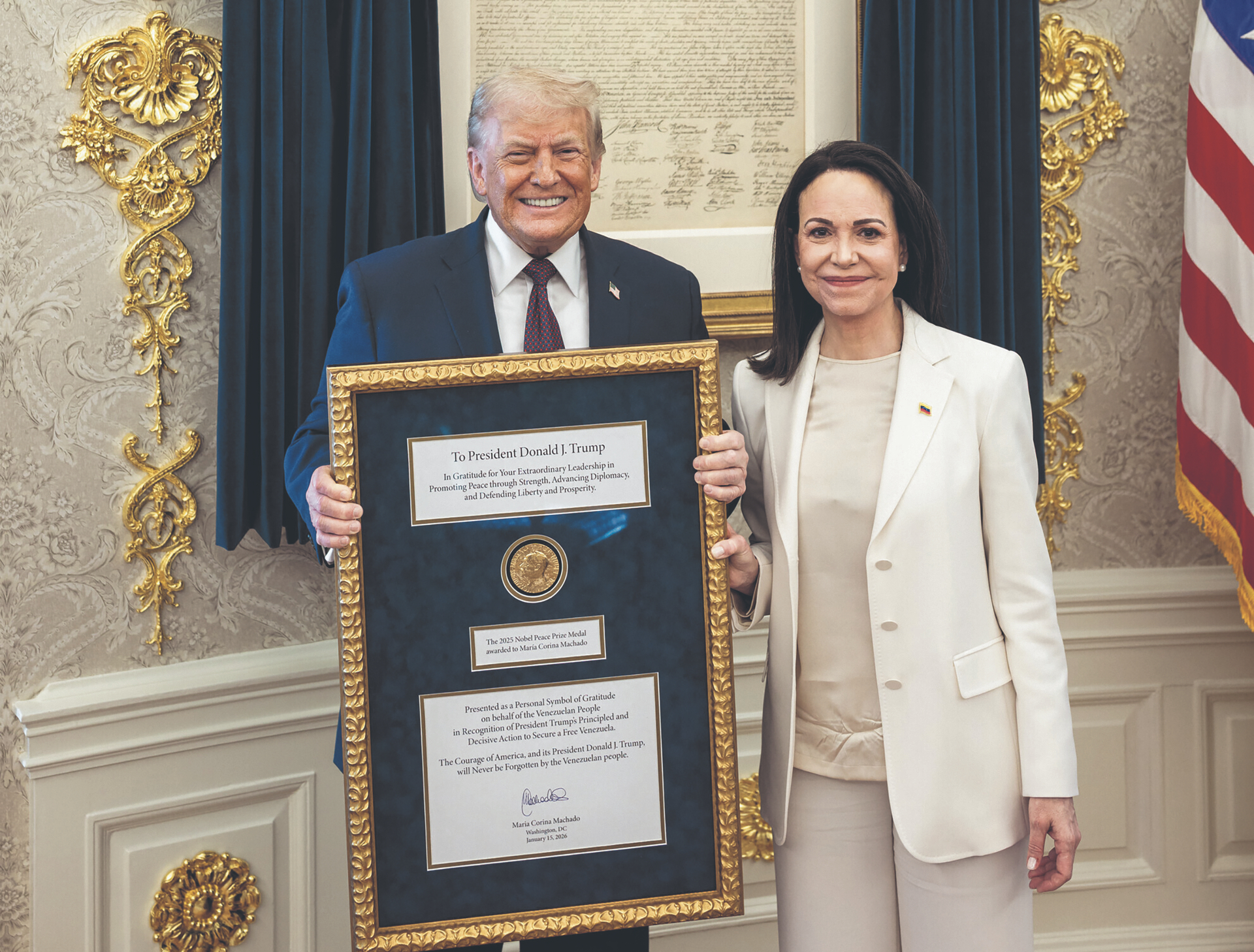 Ihren Nobelpreis wollte er haben, aber nicht ihr helfen das Land zu stabilisieren und es zu demokratisieren: US-Präsident Trump und Venezuelas Oppositionsführerin María Corina Machado zu Besuch im Januar im Weißen Haus