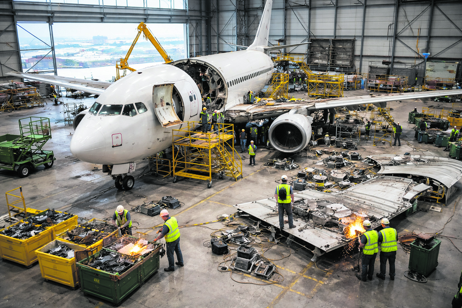 Rohstoffe retten: Beispiel eines Hangars, in dem Flugzeuge recycelt werden 