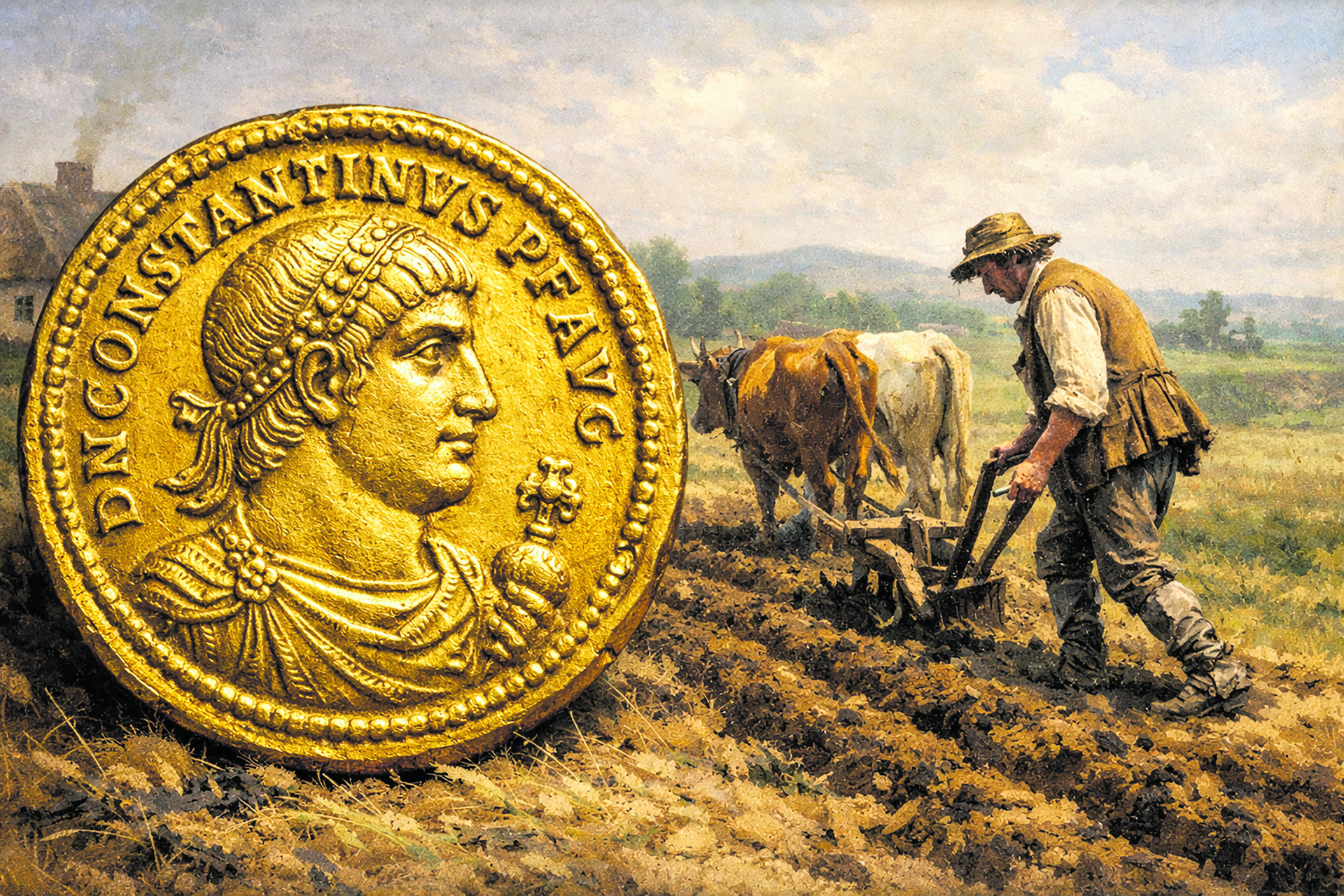 In dieser nachgestellten Szene ist zu sehen, wie der Freibauer Dankwart im Jahr 1822 sein Feld bestellte und plötzlich beim Pflügen auf den römischen Goldschatz mit 97 Solidus-Goldmünzen stieß. Sechs durfte er davon behalten