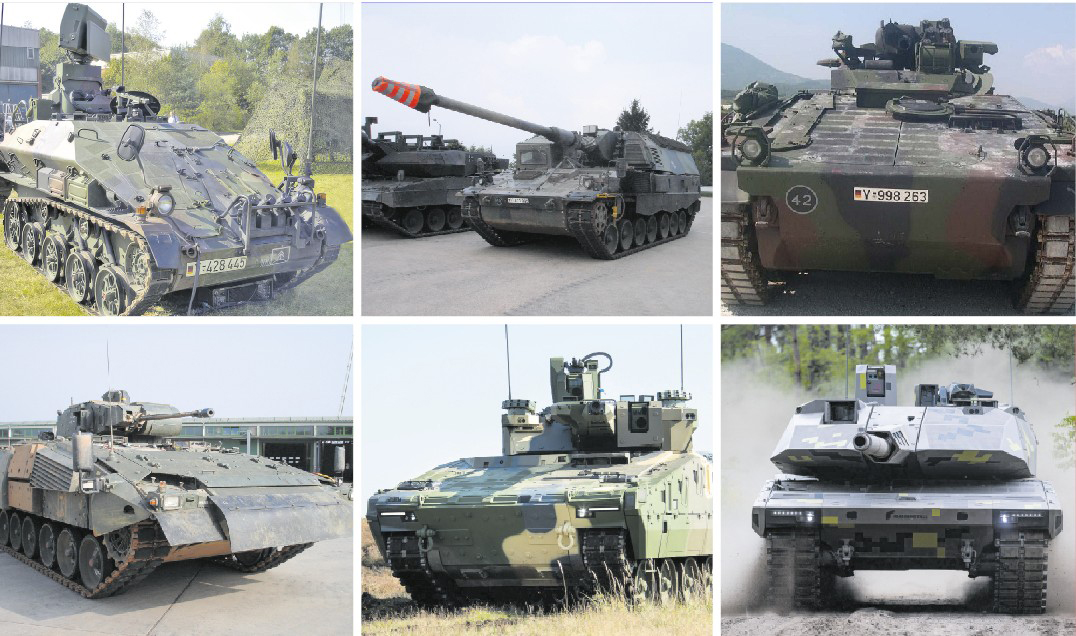 Von Rheinmetall zumindest koproduziert: „Wiesel“, „Panzerhaubitze 2000“, „Marder 1A5“, „Puma“, „Lynx“ und „KF51 Panther“ (v.l.)