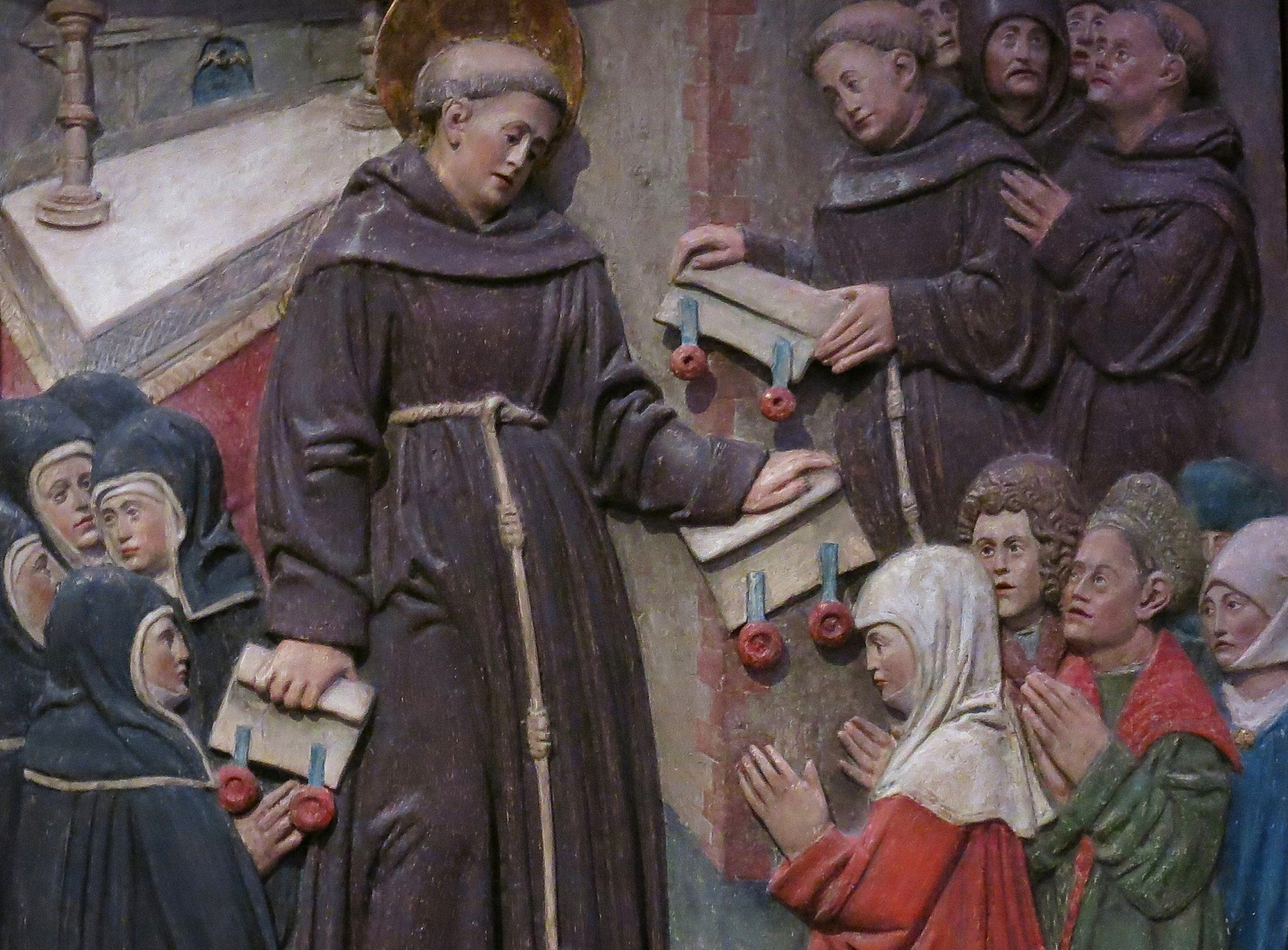 Gut genährter Gründer des Bettelordens: Franziskus (Mitte) bei der „Übergabe der Regeln an die drei Ordenszweige“