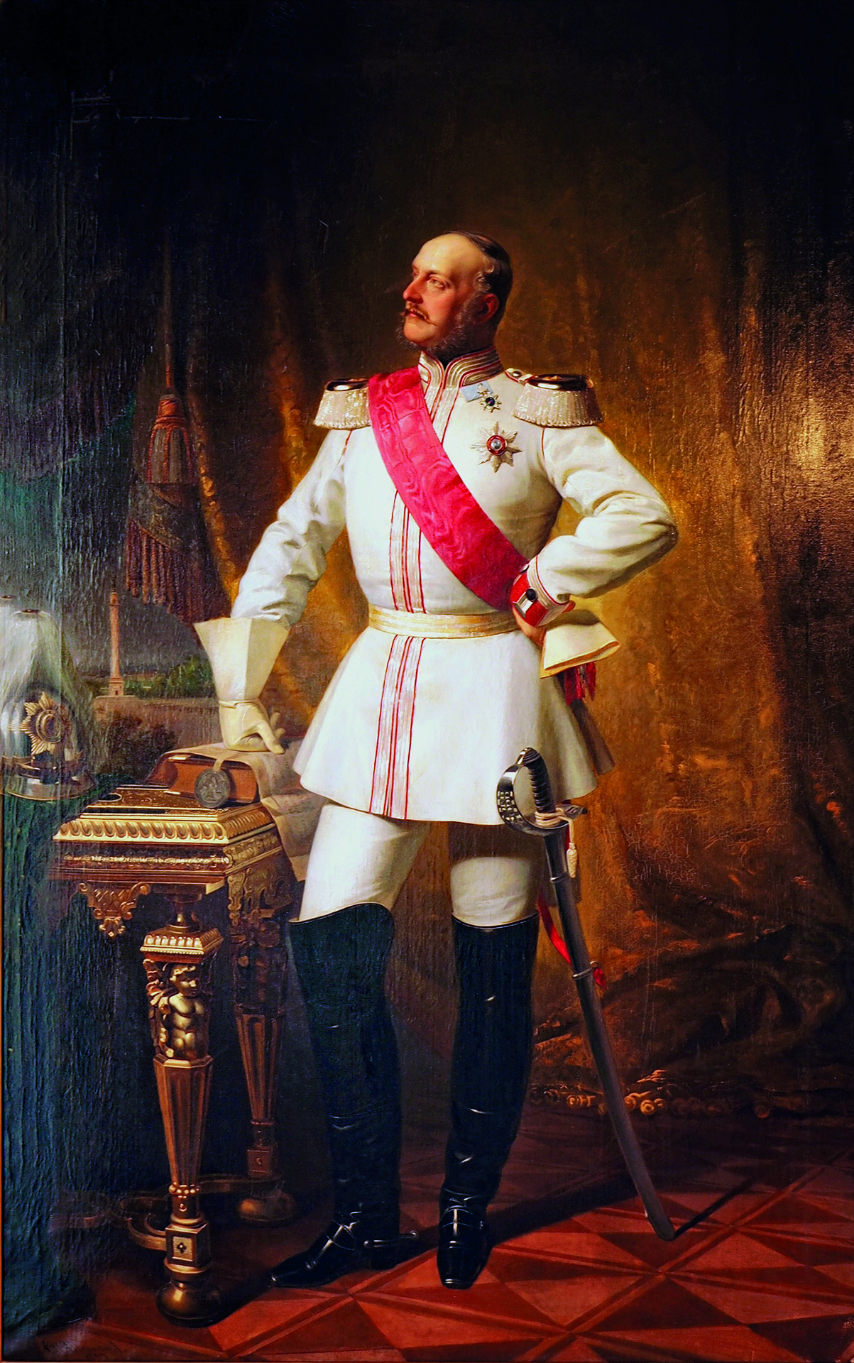 Georg V. von Hannover in der Uniform der Hannoverschen Garde du Corps mit Großkreuz und Ordensband des St. Georgs-Ordens sowie dem Ordenskreuz des Guelphen-Ordens: Ölgemälde von Conrad L‘Allemandaus dem Jahre 1861